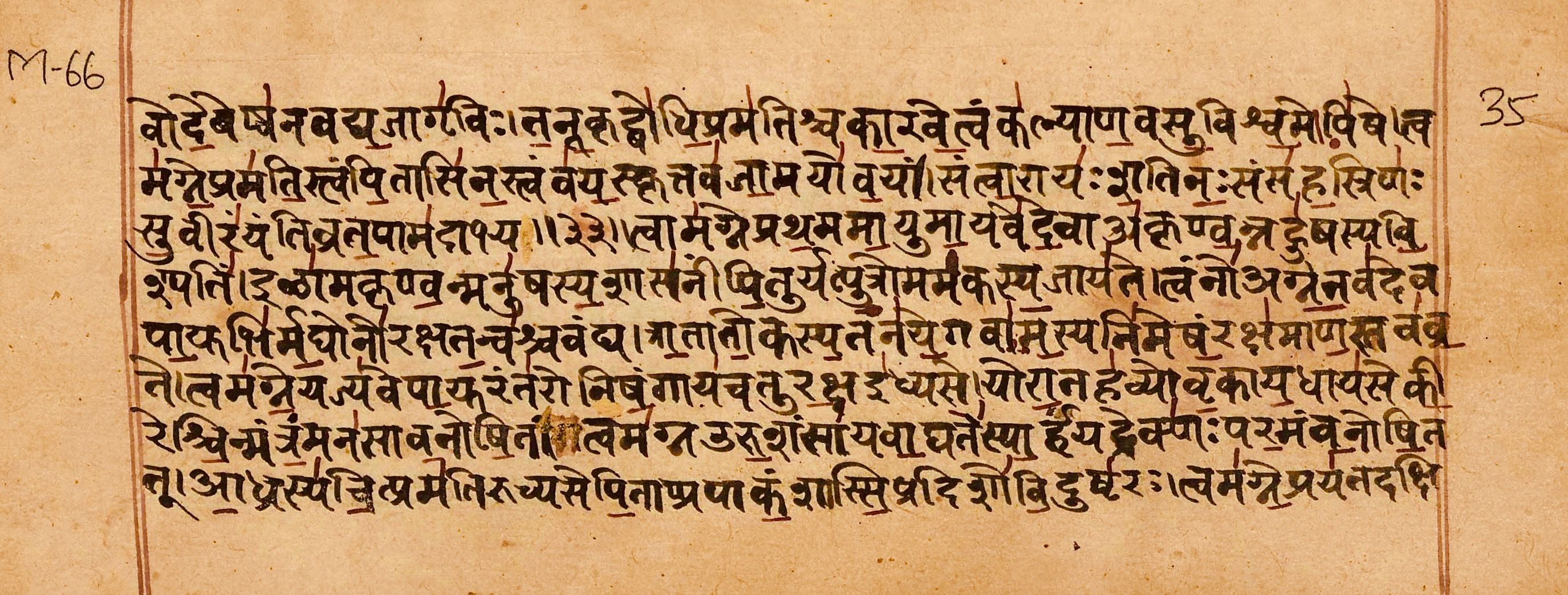 A passage of the Rig Veda, one of yoga's foundational texts, in Sanskrit.